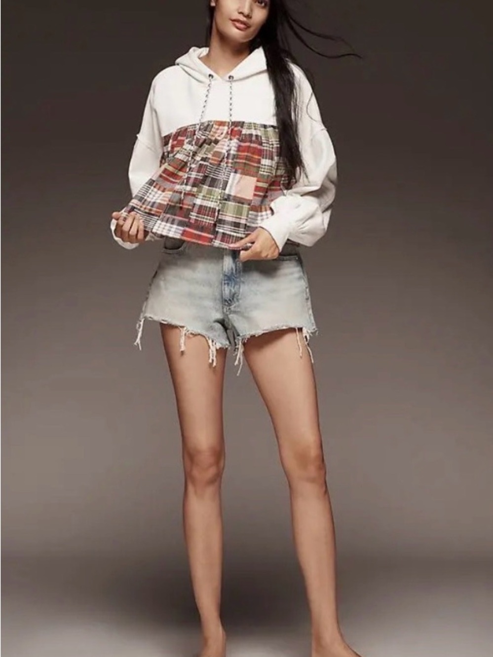 Anthropologie White Hoodie with Red Plaid Panel- XL